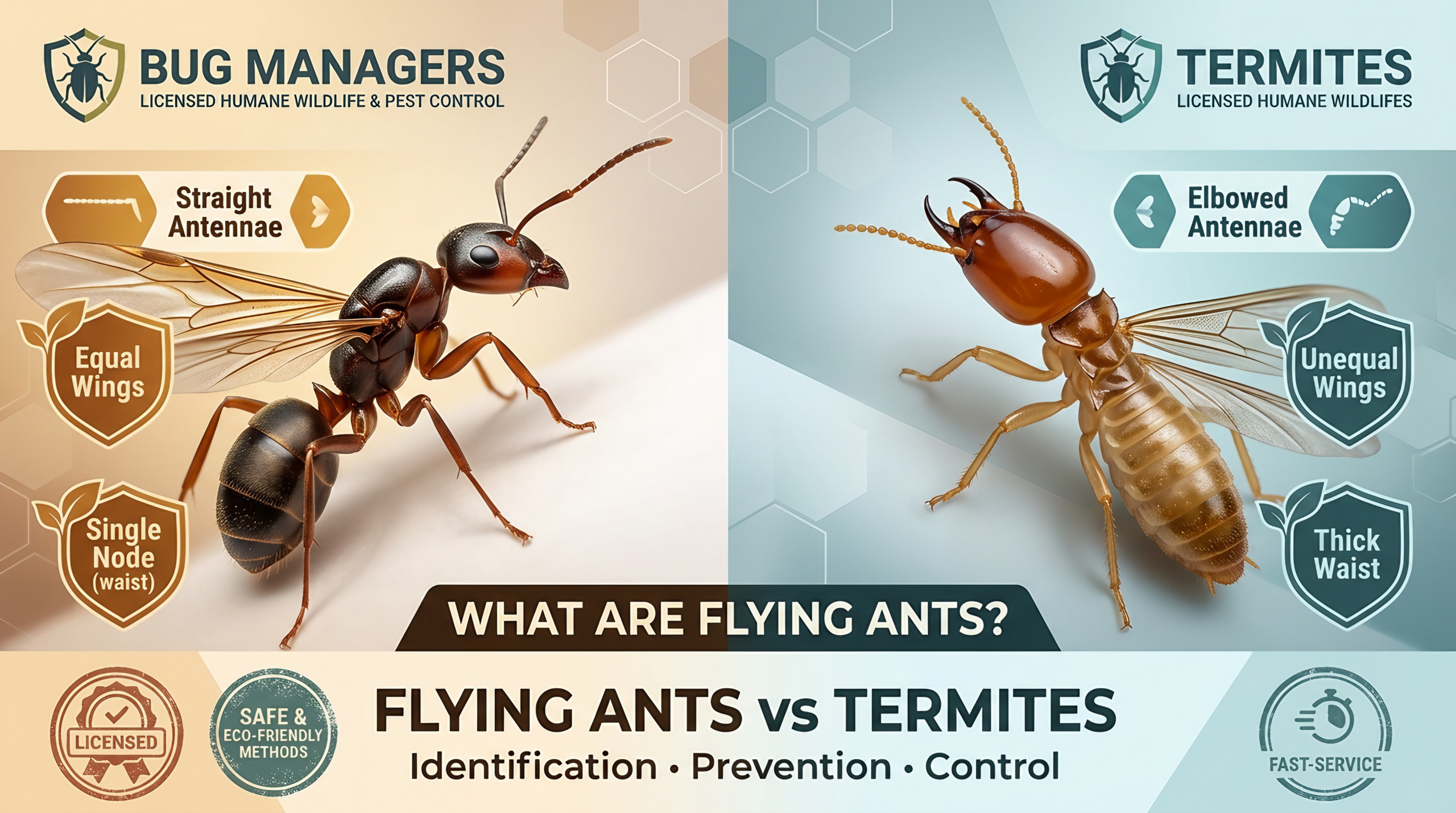 “Comparison of flying ants and termites with labeled body features, wings, and antennae. Includes tips for identification, prevention, and control of infestations in homes.”