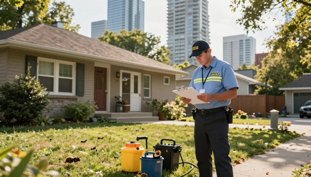 A bustling urban scene in Toronto's Greater Toronto Area (GTA) showcasing a professional pest inspector from BUG MANAGERS in action. In the foreground, a focused exterminator, dressed in smart casual work attire, inspects a residential backyard with specialized equipment and a clipboard. The middle ground features a well-maintained home, emphasizing a safe environment, while critters, like ants or rodents, can be subtly glimpsed nearby, highlighting the urgency of pest control. In the background, iconic Toronto skyscrapers and trees present a blend of urban and natural settings, bathed in warm afternoon sunlight to evoke a sense of urgency and professionalism. The overall mood reflects confidence and efficiency in emergency pest control services across the GTA, ensuring residents feel secure and supported.