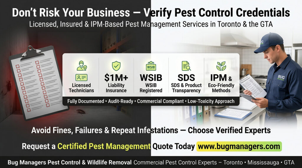 A clean, professional image of a pest control technician in uniform inspecting a Toronto GTA home, wearing safety gear and carrying modern equipment. Clear badges or icons highlight “Licensed & Insured” and “Guaranteed Service.” The setting looks safe, organized, and trustworthy, reinforcing reliability, expertise, and customer confidence in pest control services.