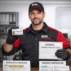 A licensed pest control technician in a clean, modern home inspecting for pests. The technician, dressed in professional business attire, is focused and diligent, using a flashlight to examine a corner of the room. In the foreground, tools and equipment related to pest control are neatly arranged. The middle ground features a spacious living area with contemporary furniture and an inviting atmosphere. The background shows a well-maintained exterior visible through a large window, indicating a safe and secure environment. Soft, natural lighting illuminates the scene, creating a professional yet approachable mood. A clear banner across the bottom reads "BUG MANAGERS". The composition captures the essence of trust and reliability in pest control services, suitable for Same-Day Exterminator needs.