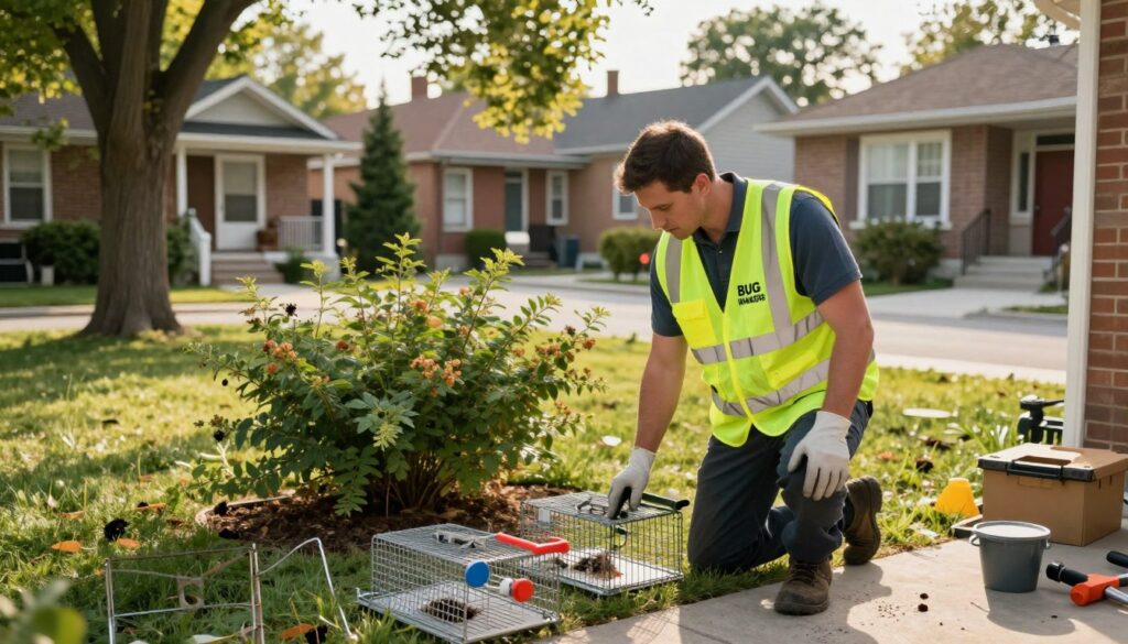 A professional wildlife removal technician from BUG MANAGERS, clad in a bright safety vest and gloves, actively inspecting a residential property in Toronto. In the foreground, various animal traps and tools are neatly arranged, showcasing the technician's preparedness. The middle ground features a well-maintained yard with overgrown shrubs and signs of wildlife activity, such as paw prints and scat, hinting at the presence of animals like raccoons or squirrels. The background reveals a typical Toronto neighborhood, with charming homes and trees in a soft focus. The lighting is warm and inviting, capturing the afternoon sun filtering through the leaves, creating a sense of urgency yet tranquility. The overall mood conveys professionalism, expertise, and assurance in wildlife removal services.