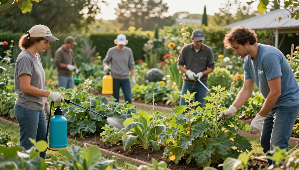 A serene outdoor scene depicting integrated pest management practices. In the foreground, a diverse group of professionals in modest casual clothing, representing 