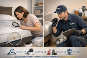 Bed bug interceptor traps under bed legs being inspected in a clean bedroom for early detection by Bug Managers Pest Control Toronto GTA