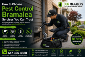 Pest control Bramalea technician inspecting home for rodents and wildlife entry points
