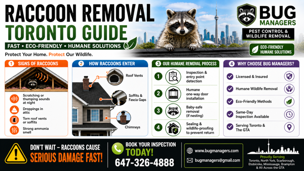 Raccoon removal Toronto infographic showing attic signs, entry points, and humane wildlife removal process