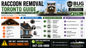 Raccoon removal Toronto infographic showing attic signs, entry points, and humane wildlife removal process