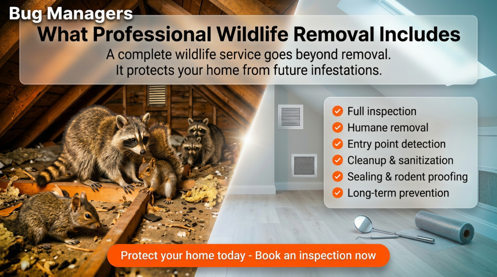 Professional wildlife removal service overview showing inspection, humane animal removal, attic cleanup, entry point sealing, and long-term prevention to protect homes from raccoons, squirrels, rodents, and other wildlife infestations.