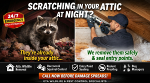 Wildlife control in the GTA showing raccoon, squirrel and rodent removal with attic damage prevention and protection services