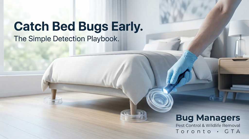 Bed bug interceptor traps under bed legs being inspected in a clean bedroom for early detection by Bug Managers Pest Control Toronto GTA