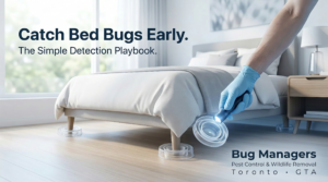 Bed bug interceptor traps under bed legs being inspected in a clean bedroom for early detection by Bug Managers Pest Control Toronto GTA