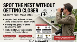 “Safe inspection of hornet activity and entry points before professional hornet nest removal.”
