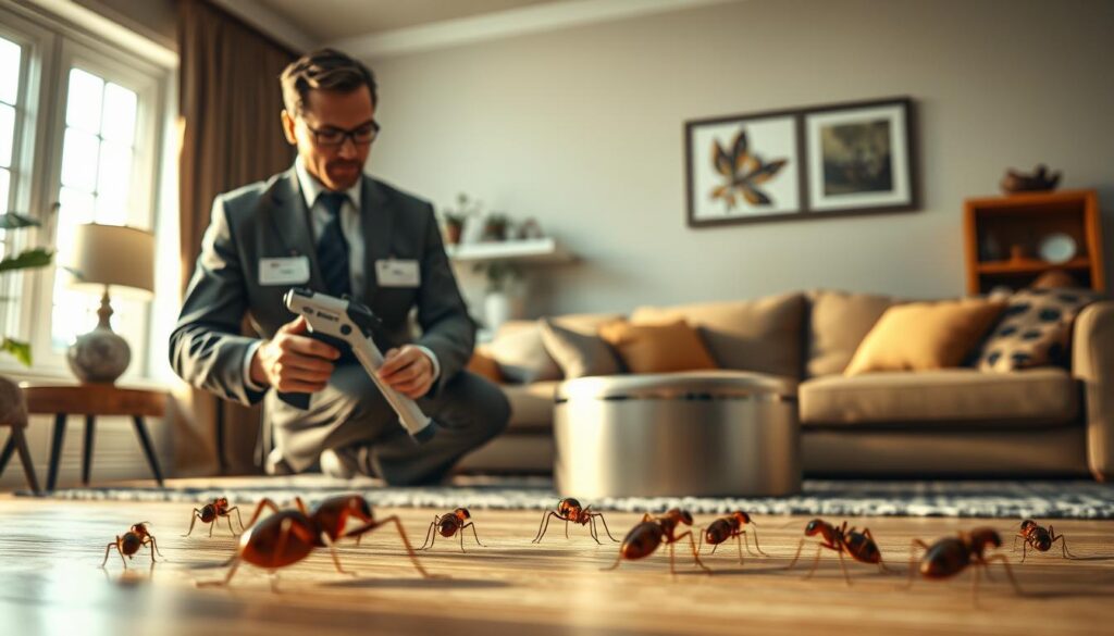 A photorealistic cinematic scene showcasing a licensed pest control technician from A photorealistic cinematic scene showcasing a licensed pest control technician from