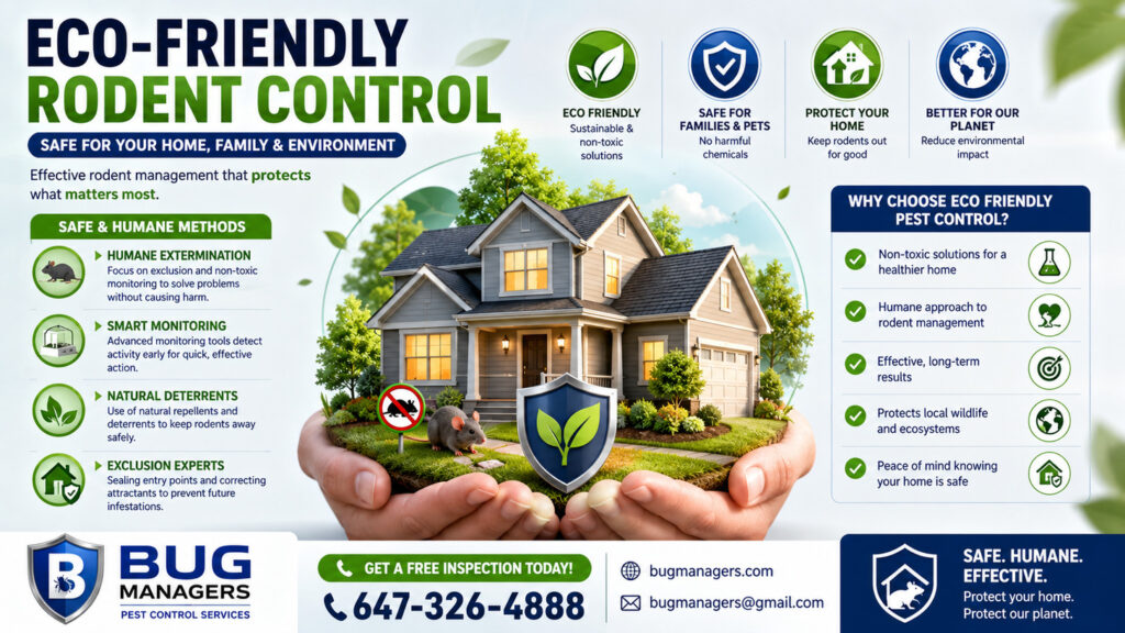 A professional infographic-style pest control advertisement featuring a modern family home protected by Bug Managers Pest Control. The image uses bold blue and green branding with a large “Protect Your Home, Safe and Pest-Free” headline. It includes realistic visuals of rodents, cockroaches, ants, and wasp nests alongside service sections for bed bug treatment, cockroach extermination, ant control, rodent control, and wasp nest removal. The design highlights eco-friendly pest solutions, proactive home protection, licensed professionals, and same-day inspections with clear contact details for Bug Managers Pest Control in Brampton and the GTA.