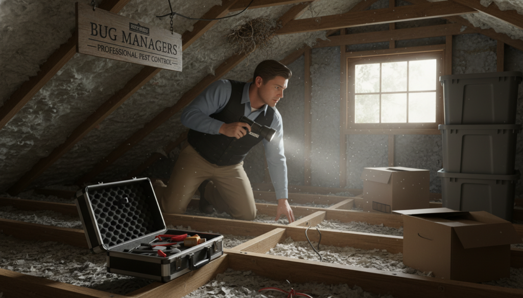 A professional pest control technician in neat business attire examines an attic filled with insulation, scanning for signs of mice activity. In the foreground, a toolbox with pest removal tools is placed neatly on a wooden beam. The middle ground reveals a cluttered but organized attic space, showcasing various storage boxes and a small mouse nest. In the background, a dimly lit window allows soft, natural light to filter in, illuminating dust particles in the air and creating a sense of urgency. The atmosphere is one of diligence and expertise, emphasizing the importance of thorough inspections and cleanups. The logo of 