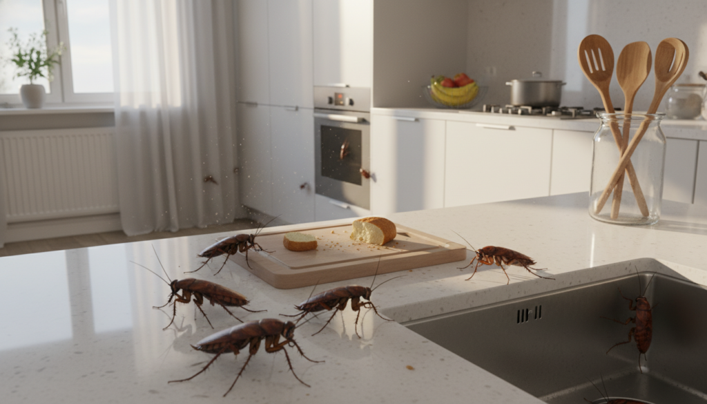 A realistic 3D-style image of a modern kitchen showcasing visible cockroaches near kitchen cabinets and countertops. In the foreground, several cockroaches are scattered on a clean countertop, highlighting their presence. The middle layer features sleek kitchen cabinets, utensils, and a fruit bowl, giving an impression of everyday life. The background includes a window with soft, natural light streaming in, creating a slightly unsettling yet realistic atmosphere. The lighting should emphasize the contrast between the cleanliness of the kitchen and the unsettling sight of the cockroaches, symbolizing health risks. The overall mood is tense and cautionary, visually representing the seriousness of cockroach-related health issues.