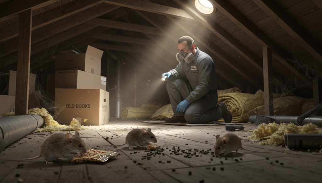 An ultra-realistic attic scene depicting small deer mice in a GTA home setting, showcasing a technician in professional attire inspecting the area. In the foreground, focus on the deer mice near droppings, highlighting the potential Hantavirus hazard. The middle ground features stored boxes and insulation, while the background reveals wooden beams and roofing, softly illuminated by natural light filtering through a small opening. The environment has a slightly dusty feel, evoking a sense of neglect and concern. The mood is informative and cautionary, emphasizing the seriousness of rodent identification. Include a subtle hint of the "BUG MANAGERS" brand in the scene, ensuring it integrates seamlessly into the overall composition without text or branding distractions. An ultra-realistic attic scene depicting small deer mice in a GTA home setting, showcasing a technician in professional attire inspecting the area. In the foreground, focus on the deer mice near droppings, highlighting the potential Hantavirus hazard. The middle ground features stored boxes and insulation, while the background reveals wooden beams and roofing, softly illuminated by natural light filtering through a small opening. The environment has a slightly dusty feel, evoking a sense of neglect and concern. The mood is informative and cautionary, emphasizing the seriousness of rodent identification. Include a subtle hint of the "BUG MANAGERS" brand in the scene, ensuring it integrates seamlessly into the overall composition without text or branding distractions.