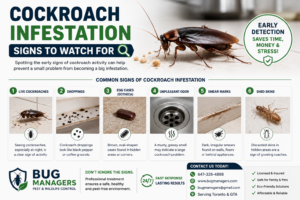 Infographic showing common signs of cockroach infestation including droppings, egg cases, odor, smear marks, and live cockroaches with Bug Managers contact details.