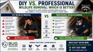 DIY vs professional attic wildlife removal infographic showing raccoon, squirrel, bat, and rodent removal services in Toronto GTA homes.