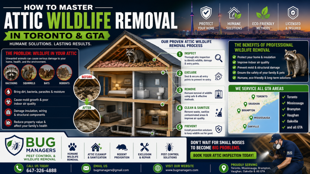 Technical schematic infographic showing common wildlife found in attics including raccoons, squirrels, bats, rodents, and opossums inside a Toronto GTA home attic with wildlife removal process, attic damage risks, pest prevention solutions, and Bug Managers pest control contact information.