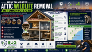 Technical schematic infographic showing common wildlife found in attics including raccoons, squirrels, bats, rodents, and opossums inside a Toronto GTA home attic with wildlife removal process, attic damage risks, pest prevention solutions, and Bug Managers pest control contact information.
