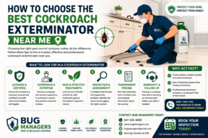 Infographic illustrating how to choose the best cockroach exterminator, showing a technician treating pests with tips like licensing, experience, safe treatments, pricing, and Bug Managers contact details.
