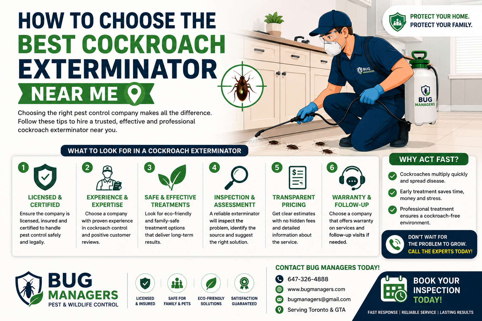 Infographic illustrating how to choose the best cockroach exterminator, showing a technician treating pests with tips like licensing, experience, safe treatments, pricing, and Bug Managers contact details.