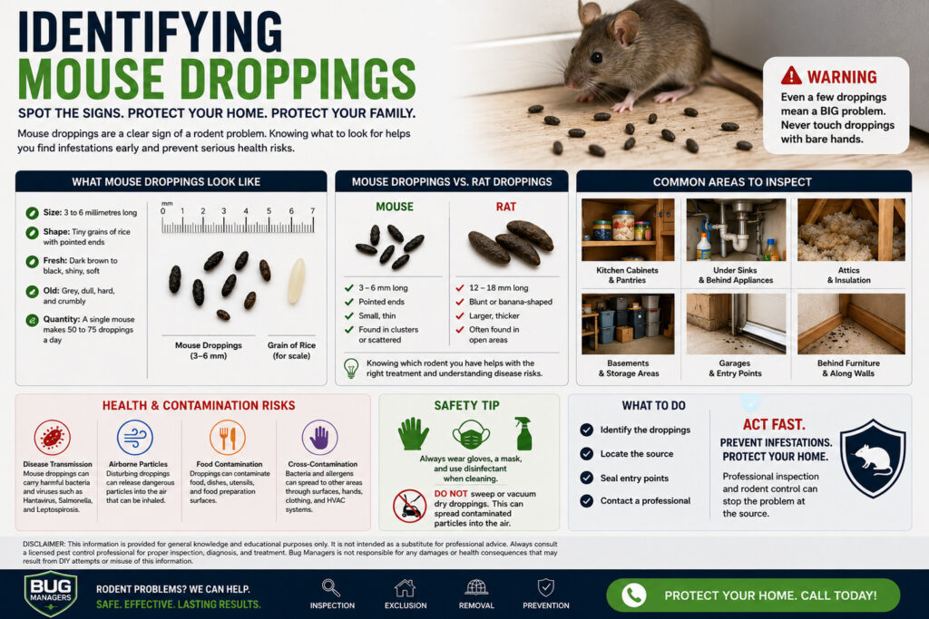 Infographic showing how to identify mouse droppings (3–6 mm, rice-shaped), compare with rat droppings, inspect key areas, and understand health risks like Hantavirus and Salmonella with safe handling tips. Infographic showing how to identify mouse droppings (3–6 mm, rice-shaped), compare with rat droppings, inspect key areas, and understand health risks like Hantavirus and Salmonella with safe handling tips.