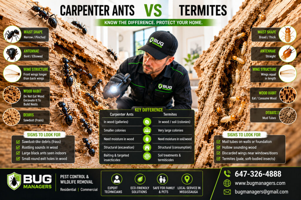 Learn how to identify carpenter ants and termites by comparing their appearance, nesting habits, and wood damage patterns. This visual guide highlights key infestation signs to help homeowners protect their property from costly structural damage.