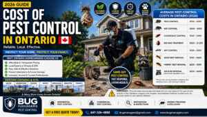 Licensed Ontario pest control technician treating mice, wasps, ants, and wildlife around a modern GTA home with pricing infographic, eco-friendly solutions, and disclaimer that costs may vary by infestation severity and property size.