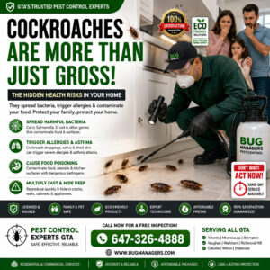 Modern 3D-style pest control advertisement showing a licensed Bug Managers technician inspecting and treating a cockroach infestation inside a clean contemporary kitchen. Multiple cockroaches are visible near cabinets and flooring while a concerned family stands in the background. Bold green and white branding highlights cockroach health risks, bacteria spread, allergies, asthma triggers, and eco-friendly pest control solutions. Includes strong lead-generation design with phone number 647-326-4888, website www.bugmanagers.com, GTA service areas, and premium commercial advertising layout optimized for Google SEO and local pest control marketing.