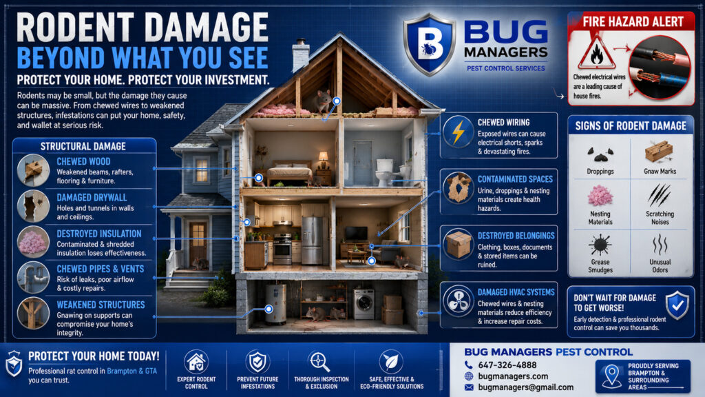 One of the most serious consequences of a rodent infestation is the structural damage it can cause to your property. Rodents constantly gnaw on materials to keep their teeth from overgrowing, damaging wood, drywall, insulation, plastic pipes, vents, and even support structures inside walls and attics. Over time, this destruction can lead to costly repairs and reduced property safety. Chewed electrical wiring is especially dangerous because it creates a major fire hazard inside homes and commercial buildings. Damaged wires can trigger electrical shorts, sparks, and hidden fires that may go unnoticed until severe damage has occurred. This is one of the main reasons professional rat control Brampton services are essential for both older and newer homes throughout the GTA. Rodents can also contaminate insulation, destroy stored belongings, damage HVAC systems, and weaken attic or basement areas through nesting activity. Early detection, professional rodent removal, and preventative rodent proofing help protect your home from expensive long-term structural and property damage.