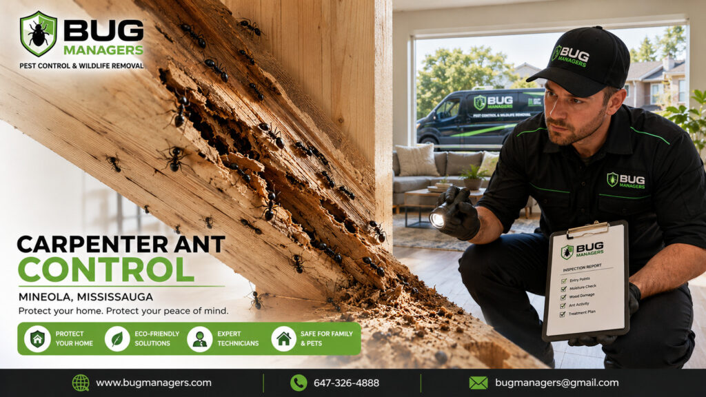 Professional carpenter ant inspection in a Mineola Mississauga home, highlighting visible ant activity, wood damage, and expert pest control solutions. Bug Managers helps protect homes with safe, effective, and eco-friendly carpenter ant treatments.