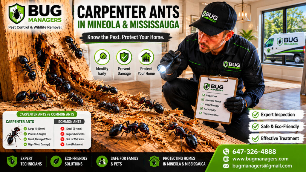 Professional carpenter ant inspection inside a Mineola Mississauga home, showcasing visible wood damage, active ant trails, and expert pest assessment. The image highlights the importance of early detection and effective carpenter ant control to protect homes from costly structural damage.