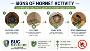 Educational infographic titled “Hornet Nest Removal: Safe DIY Steps & When to Call Professionals” showing a hornet nest near a residential roofline, safety gear, warning icons, and a licensed pest control technician preparing for safe hornet removal.