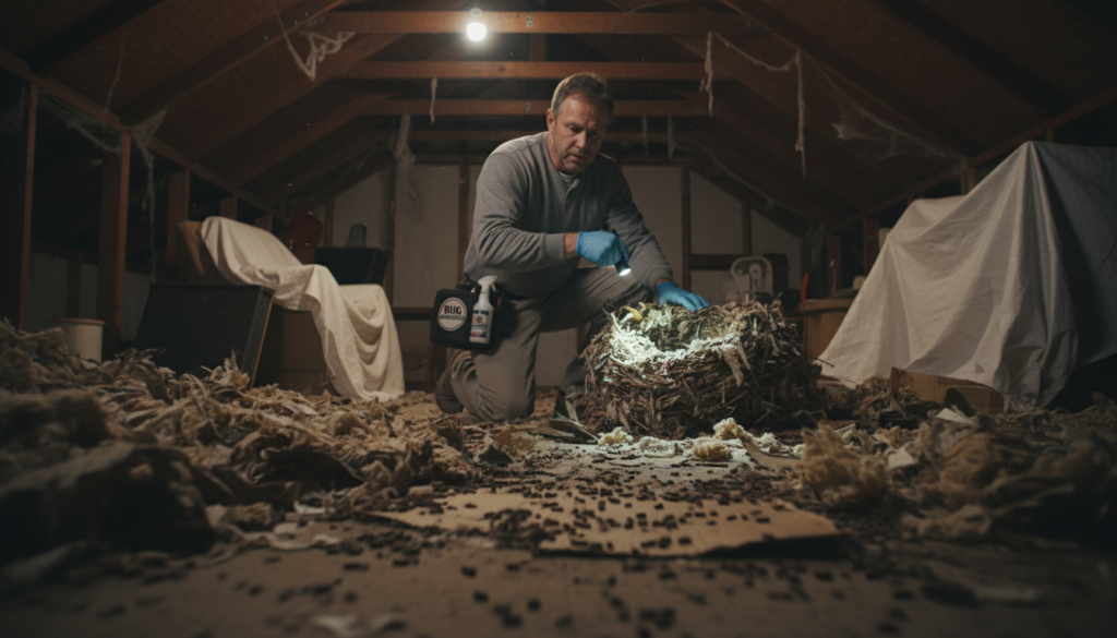Ultra-realistic attic scene depicting signs of hantavirus exposure with a focus on mouse droppings and nesting materials. In the foreground, a close-up view of dark, scattered mouse droppings and chewed insulation, emphasizing the hazard. In the middle ground, a professional pest control technician in modest casual attire examines the area with a flashlight, wearing gloves for safety. The technician’s expression conveys concern as they inspect a mouse nest nearby. In the background, the dimly lit attic showcases dusty beams and cobwebs, creating a slightly eerie atmosphere. Soft overhead lighting gives the scene a somber mood. Branding for "BUG MANAGERS" is subtly integrated into the technician's equipment. Ultra-realistic attic scene depicting signs of hantavirus exposure with a focus on mouse droppings and nesting materials. In the foreground, a close-up view of dark, scattered mouse droppings and chewed insulation, emphasizing the hazard. In the middle ground, a professional pest control technician in modest casual attire examines the area with a flashlight, wearing gloves for safety. The technician’s expression conveys concern as they inspect a mouse nest nearby. In the background, the dimly lit attic showcases dusty beams and cobwebs, creating a slightly eerie atmosphere. Soft overhead lighting gives the scene a somber mood. Branding for "BUG MANAGERS" is subtly integrated into the technician's equipment.