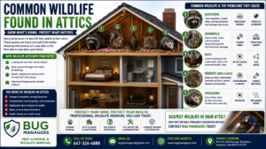 Infographic of common attic wildlife in Toronto GTA homes including raccoons, squirrels, bats, rodents, attic damage risks, and humane wildlife removal services.