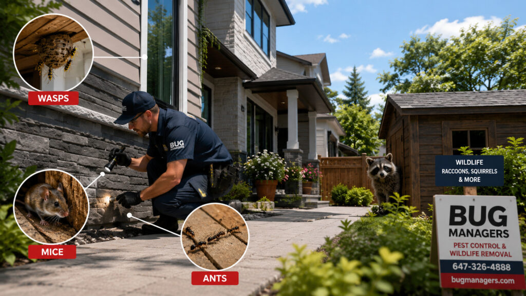 3D depiction of a modern Ontario home in a suburban setting, showcasing signs of seasonal pest activity. In the foreground, a pest control technician in professional attire examines areas affected by mice, ants, and wasps, using tools to inspect crevices.