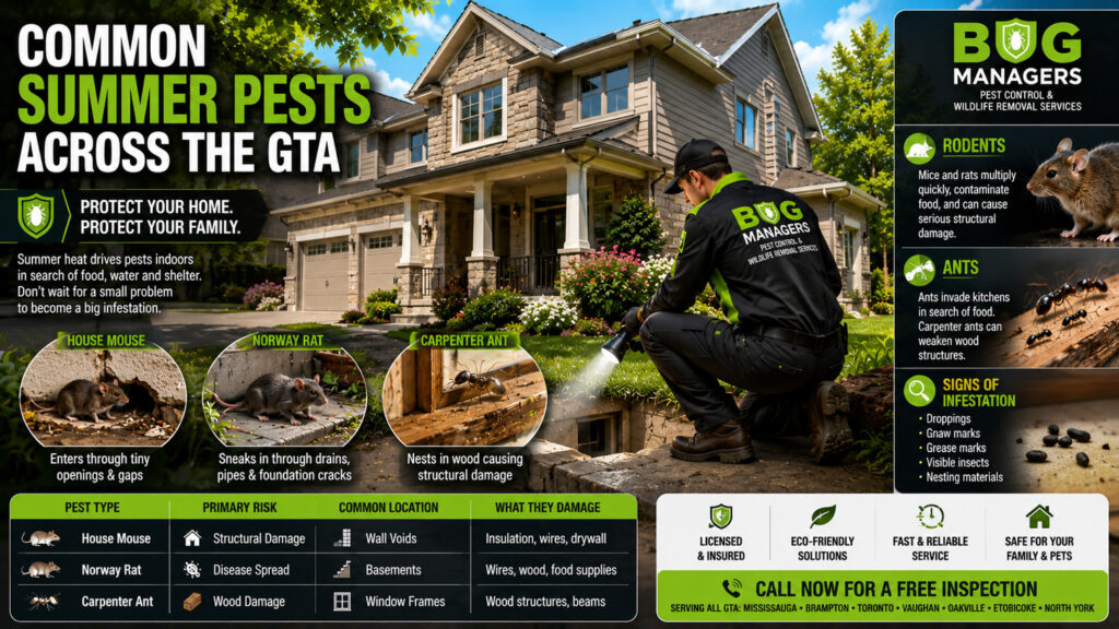 3D illustration of common GTA summer pests including mice, rats, and carpenter ants around a home, emphasizing professional pest control and prevention. 3D illustration of common GTA summer pests including mice, rats, and carpenter ants around a home, emphasizing professional pest control and prevention.