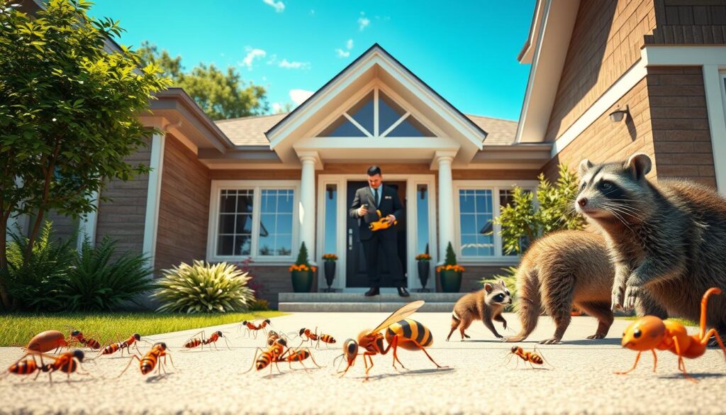 A 3D rendering of a modern Ontario home, featuring an array of common pests including mice, ants, wasps, and a raccoon in the foreground. In the middle ground, a professional pest technician dressed in a smart uniform is inspecting the entrance of the house, using specialized equipment to assess pest activity. The background displays a typical Ontario landscape with lush greenery and a clear blue sky, enhancing the overall realism. The lighting is bright and natural, simulating midday sunlight that illuminates the details of the home and the pests, creating a vibrant and informative atmosphere. The image is framed in a wide 16:9 aspect ratio for a cinematic effect.