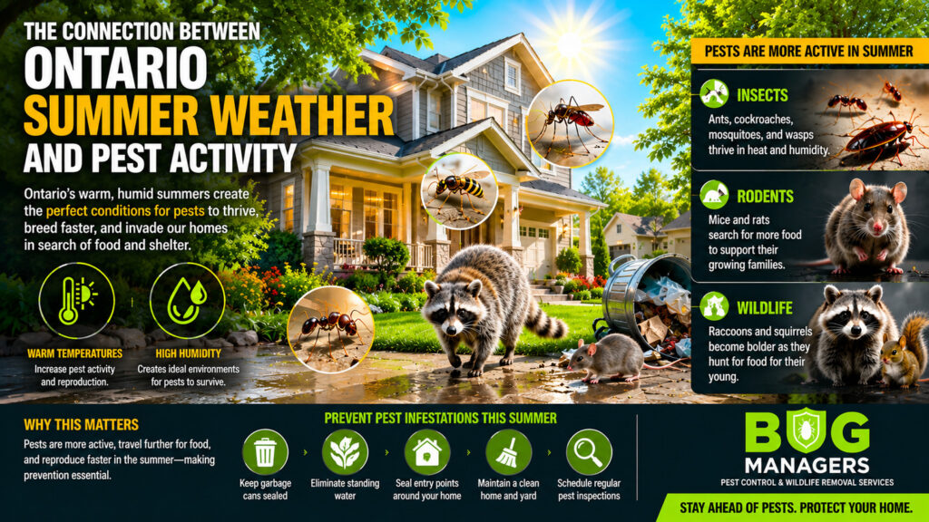 A bright 3D illustration showing how Ontario’s summer heat and humidity increase insect, rodent, and wildlife activity around homes, highlighting the importance of proactive pest control and wildlife removal services. A bright 3D illustration showing how Ontario’s summer heat and humidity increase insect, rodent, and wildlife activity around homes, highlighting the importance of proactive pest control and wildlife removal services.