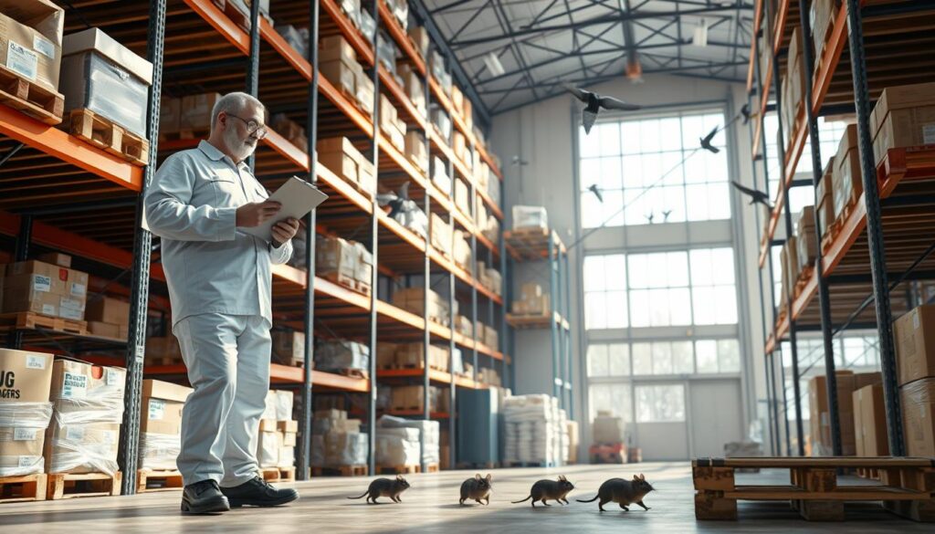 A bright 3D interior of a large warehouse, showcasing shelves stocked with various inventory items like boxes and pallets. In the foreground, a professional pest control technician in a clean uniform from A bright 3D interior of a large warehouse, showcasing shelves stocked with various inventory items like boxes and pallets. In the foreground, a professional pest control technician in a clean uniform from