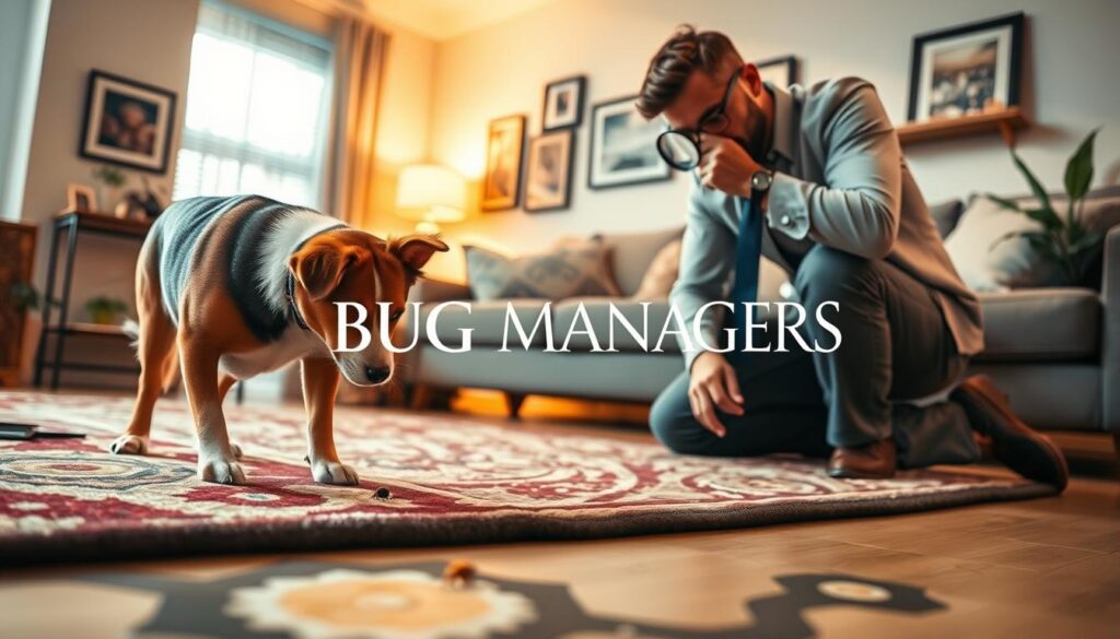 A bright, detailed infographic showcasing a professional pest inspection in a Toronto home. In the foreground, a canine examining a small yellow bed bug on a patterned rug, demonstrating detection efforts. In the middle ground, a professional exterminator in smart casual attire kneeling beside the dog, equipped with a magnifying glass, carefully observing the area. The background features a modern living room with warm lighting, showcasing family photos and plants to evoke a homey atmosphere. Overlay the image with the brand name “BUG MANAGERS” in elegant, readable font. The overall mood should be informative and reassuring, emphasizing the importance of thorough pest inspections for homeowners. A bright, detailed infographic showcasing a professional pest inspection in a Toronto home. In the foreground, a canine examining a small yellow bed bug on a patterned rug, demonstrating detection efforts. In the middle ground, a professional exterminator in smart casual attire kneeling beside the dog, equipped with a magnifying glass, carefully observing the area. The background features a modern living room with warm lighting, showcasing family photos and plants to evoke a homey atmosphere. Overlay the image with the brand name “BUG MANAGERS” in elegant, readable font. The overall mood should be informative and reassuring, emphasizing the importance of thorough pest inspections for homeowners.