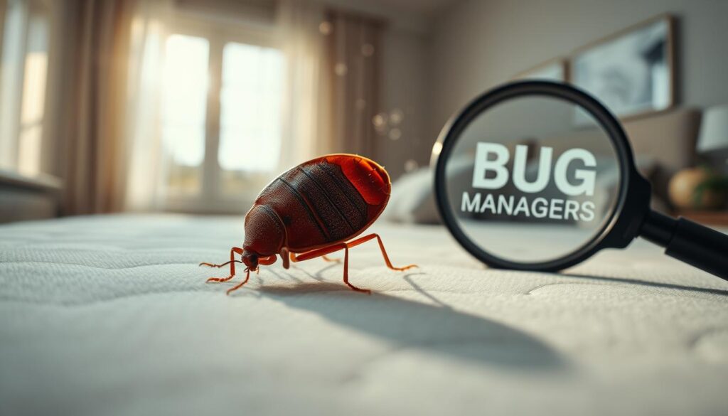 A detailed close-up of a bed bug, showcasing its oval, flattened body with a reddish-brown hue and distinct segmented patterns on its back. In the foreground, the bed bug is positioned on the edge of a soft mattress, with tiny crevices visible underneath. In the middle ground, a magnifying glass rests nearby to symbolize careful inspection, casting subtle shadows. The background features a bright, modern bedroom scene, with natural sunlight streaming through a window, illuminating dust particles in the air and emphasizing cleanliness in contrast to the hidden menace of pests. The scene conveys an atmosphere of both alertness and calmness. The brand name "BUG MANAGERS" is subtly integrated into the design, reflecting professionalism in pest control. A detailed close-up of a bed bug, showcasing its oval, flattened body with a reddish-brown hue and distinct segmented patterns on its back. In the foreground, the bed bug is positioned on the edge of a soft mattress, with tiny crevices visible underneath. In the middle ground, a magnifying glass rests nearby to symbolize careful inspection, casting subtle shadows. The background features a bright, modern bedroom scene, with natural sunlight streaming through a window, illuminating dust particles in the air and emphasizing cleanliness in contrast to the hidden menace of pests. The scene conveys an atmosphere of both alertness and calmness. The brand name "BUG MANAGERS" is subtly integrated into the design, reflecting professionalism in pest control.