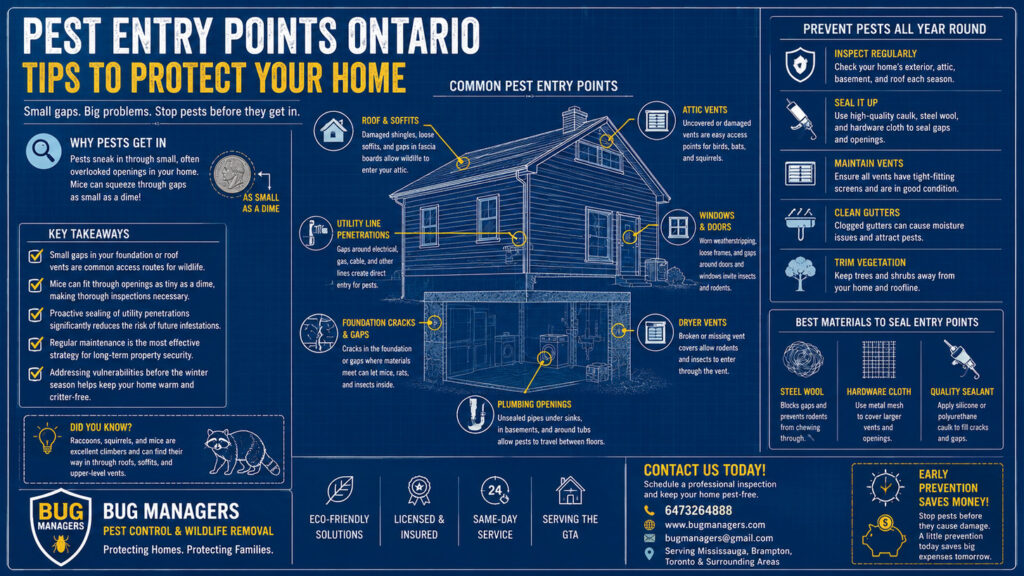 A professional 169 blueprint-style infographic showcasing common pest entry points around an Ontario home, including foundation cracks, roof vents, windows, doors, utility lines, dryer vents, and plumbing openings. The design features prevention tips, key takeaways, sealing materials, and Bug Managers Pest Control & Wildlife Removal branding with contact information in a clean blue-and-gold technical layout.