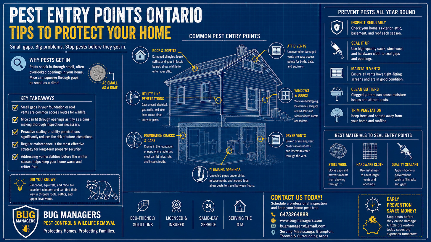 A professional 169 blueprint-style infographic showcasing common pest entry points around an Ontario home, including foundation cracks, roof vents, windows, doors, utility lines, dryer vents, and plumbing openings. The design features prevention tips, key takeaways, sealing materials, and Bug Managers Pest Control & Wildlife Removal branding with contact information in a clean blue-and-gold technical layout.