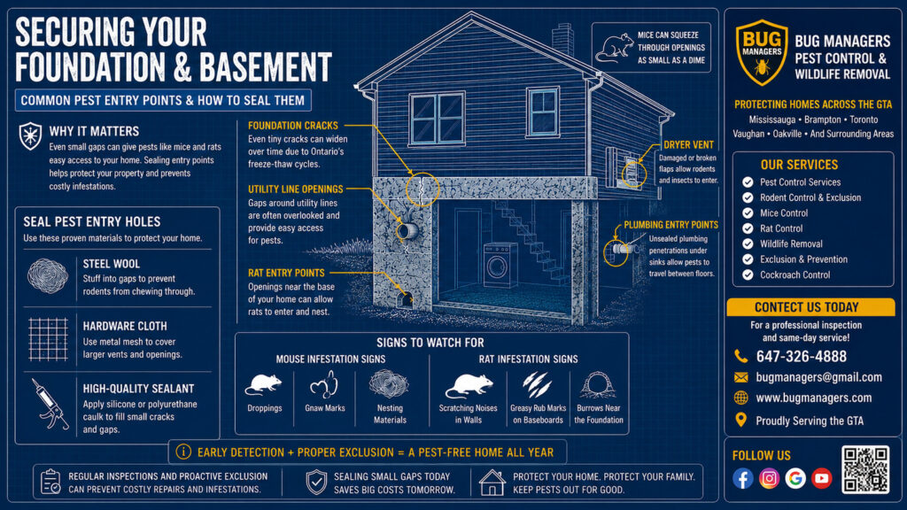 A professional 16:9 blueprint-style infographic showing a home's foundation and basement with highlighted pest entry points, including foundation cracks, utility line gaps, dryer vents, and plumbing openings. The design features Bug Managers branding, pest prevention tips, rodent warning signs, sealing materials, and contact information in a clean blue-and-gold technical layout.
