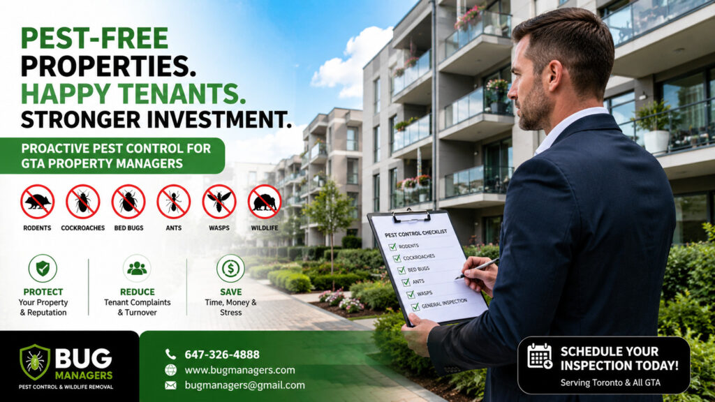 A professional property manager in business attire inspects a modern GTA apartment building, showcasing a pest-free environment. In the foreground, the manager examines a pest control checklist and surveys the area for signs of infestation.
