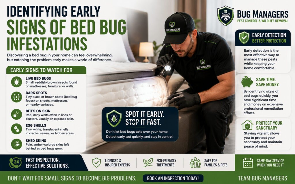 Identifying early signs of bed bug infestations Discovering a bed bug in your home can feel overwhelming, but catching the problem early makes a world of difference.