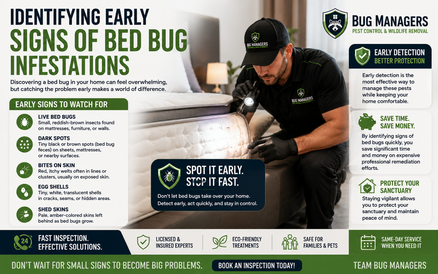 Identifying early signs of bed bug infestations Discovering a bed bug in your home can feel overwhelming, but catching the problem early makes a world of difference.