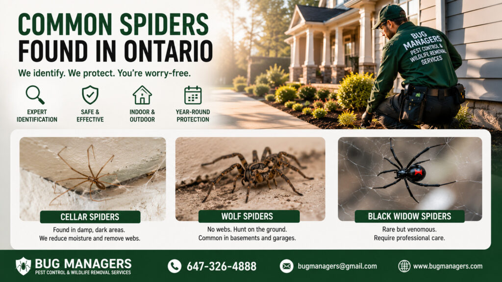 Infographic showing common spiders found in Ontario, including cellar spiders, wolf spiders, and black widow spiders, with professional spider identification and removal by Bug Managers Pest Control & Wildlife Removal Services in Toronto
